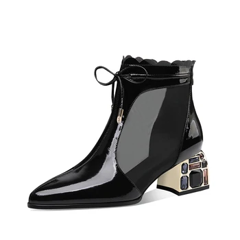 

2020 Summer Ankle Mesh Boots Women Sandals Boots Pointed toe Thick Heel Rhinestone Spring Shoes for Woman Hollow out Black