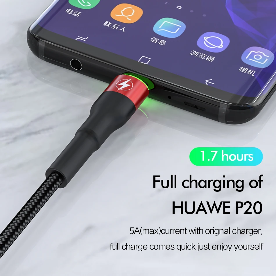ROCK 5A Metal Led Light USB Type C Cable For Xiaomi Redmi Samsung OnePlus Huawei Mate 20 Pro Fast Charging Data USB C Quick 3.0