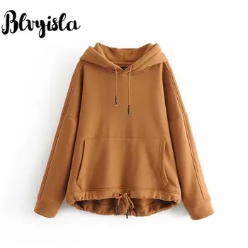 

Blvyisla 2019 Big Pockets Hooded Fashion Women Hoodies Pullover Solid Casual Outwear Winter Warm Coat