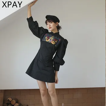 

2020 Spring Large Size Fashion New Vintage Print Dress For Women Stand Collar Puff Sleeve High Waist Mini Dresses Female