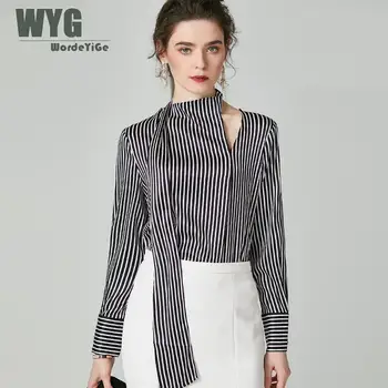 

Original Designer Silk Blouses Tops 2020 Spring London Fashion Shoulder Cut Out Long Sleeve Ladies Black White Stipe Shirt