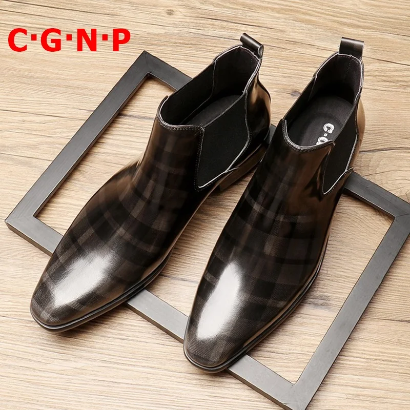 

CÂ·GÂ·NÂ·P New Arrival Embossing Pattern Checks Genuine Leather Shoes Men Ankle Boots Handmade Chelsea Boots Men Autumn Winter Shoe
