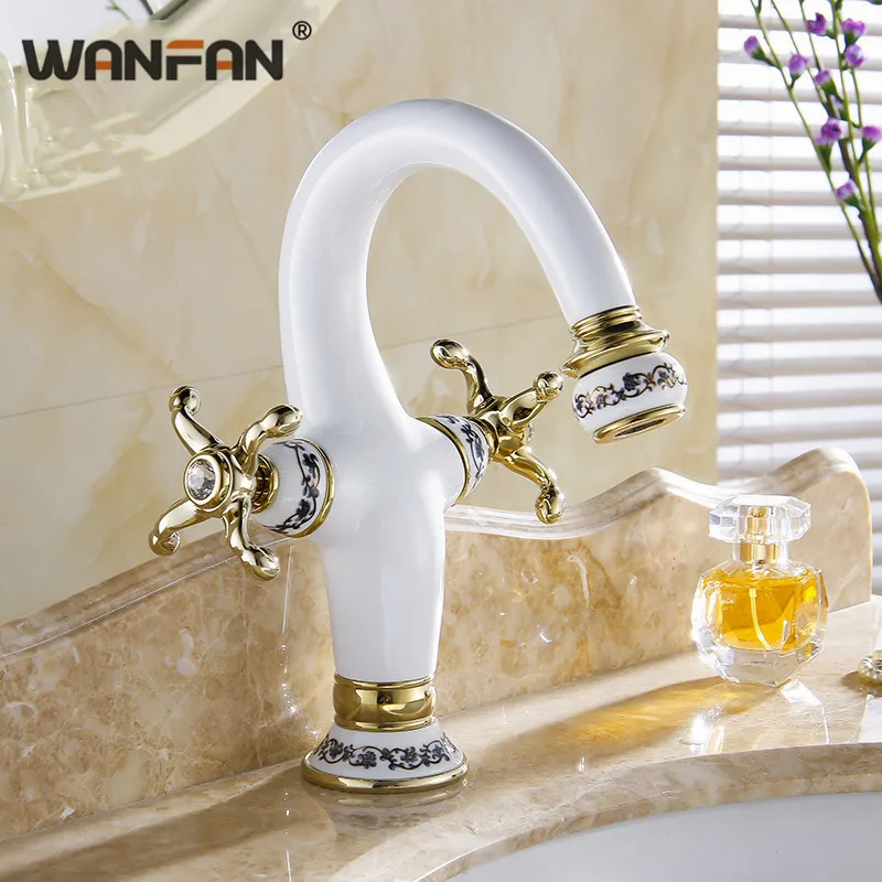 

Basin Faucets Dual Cross Handle Ceramic Decorative Water Gold Single Hole Bathroom Deck Mounted Washbasin Crystal Crane S79-320
