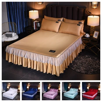 

2020 Princess Bedding Solid Bed Skirt Pillowcases Bed Sheets Mattress Cover King Queen Full Twin Size Bed Cover 10 patterns