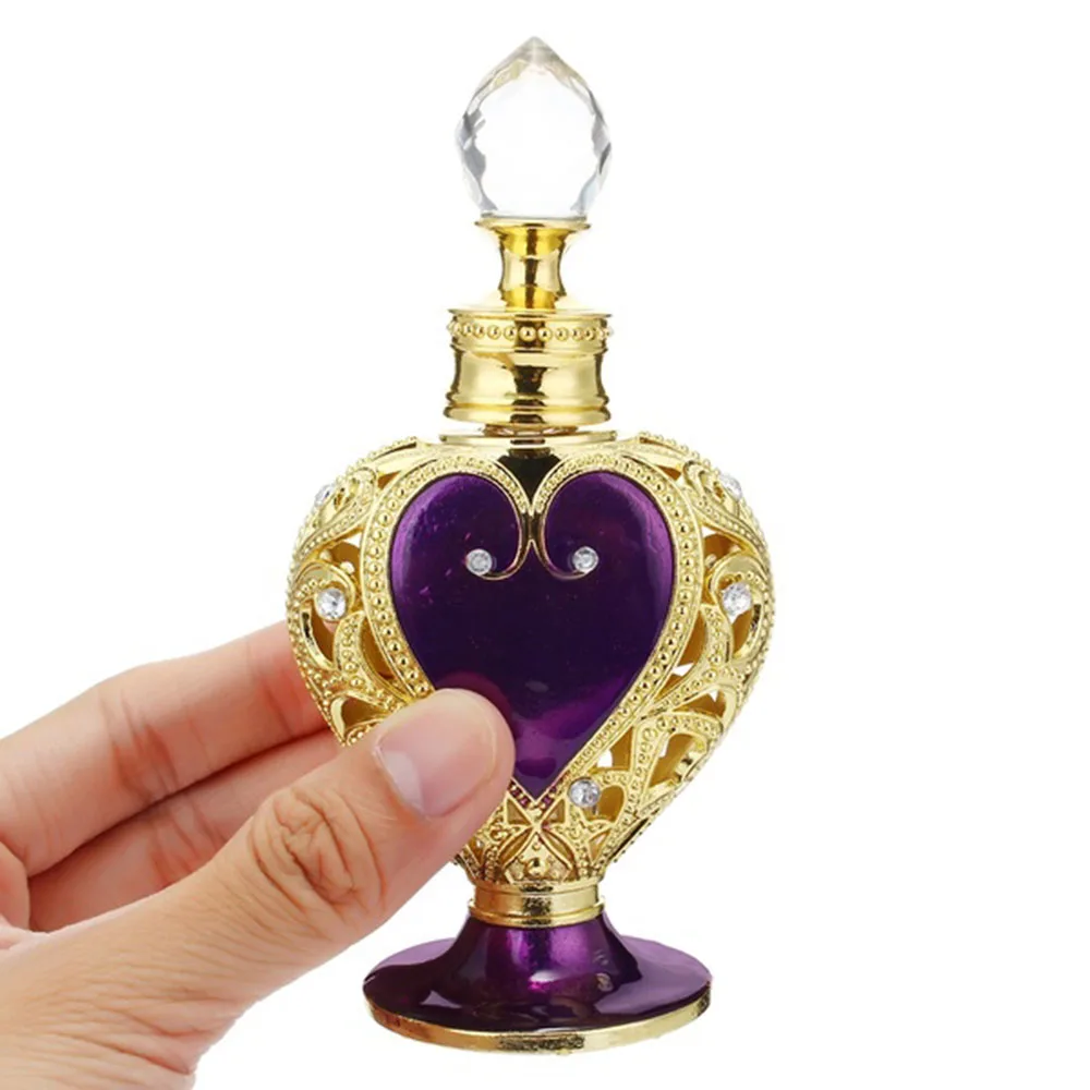 Crystal Metal Perfume Bottle 12ml Purple Heart Glass Vintage Empty Storage Bottles Essential Oil Collectible Dispenser Gifts