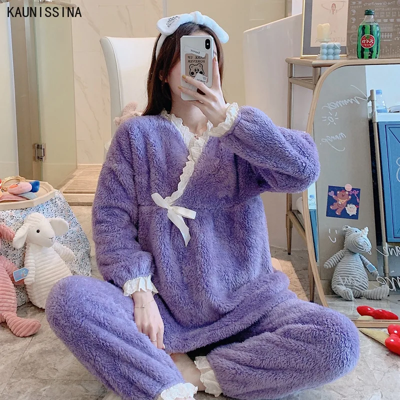 

Winter Women Sleepwear Warm Home Clothes Postpartum Nursing Pregnant Pajamas Set V-Neck Long Tops Long Pants Thick Pajama Suits