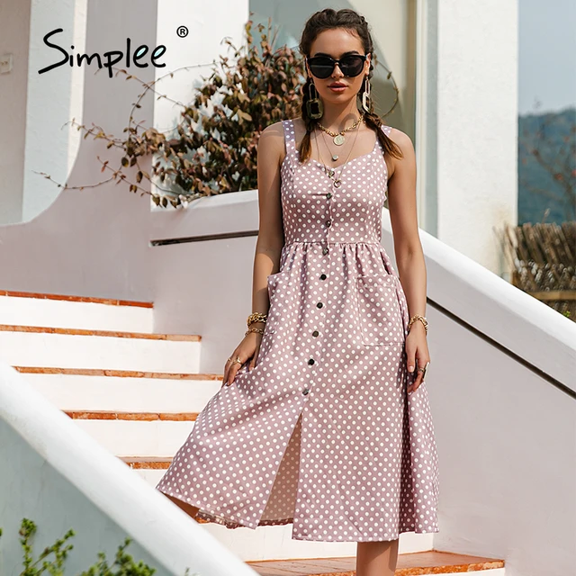 Simplee Casual Polka Dot Dress Sleeveless Holiday style high waist buttoned women's Dress Fashion Mid-length summer dresses NEW 1