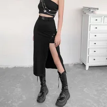 

Goth Dark Gothic High Waist A-Line Black Midi Skirts Mall Goth Y2k Punk Style Women Sexy Slit Side Buckle Front Skirt Clubwear