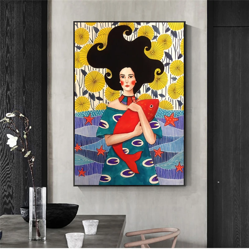 

Nordic Portrait Canvas Paintings on The Wall Art Canvas Posters and Prints Abstract Girl with Fish Wall Pictures for Living Room