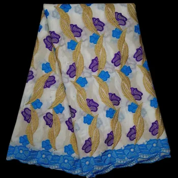 

Embroidered golden-purple-blue color pattern with stones design Cotton Fabric YCS25 Most popular white Swiss Voile Lace Fabric