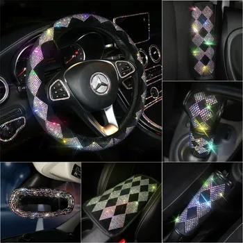 

New rhombic handbrake gear seat belt shoulder cover hot diamond handle cover full diamond steering wheel cover rearview mirror