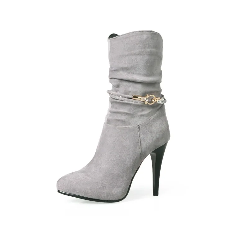 Пикантные женские ботинки с металлическим украшением; однотонные ботильоны из флока; сезон осень-зима; женская обувь на платформе; ботинки на высоком каблуке; MAZIAO