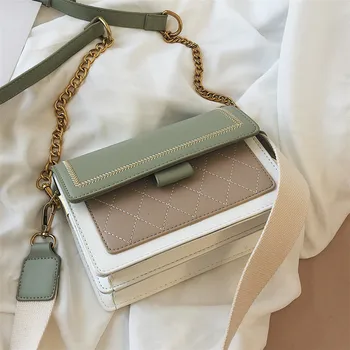 

Bags Women greengreen Contrast color leather Shoulder Messenger Bag Lady Crossbody Mini Bag Female Crown Evening Bags with chain