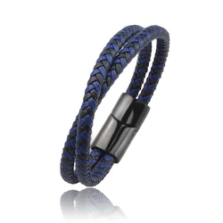 Titanium Steel Double Layer Leather Bracelet with Magnetic Clasp for Women - Brown and Black Braided Design (Black - blue braclet)