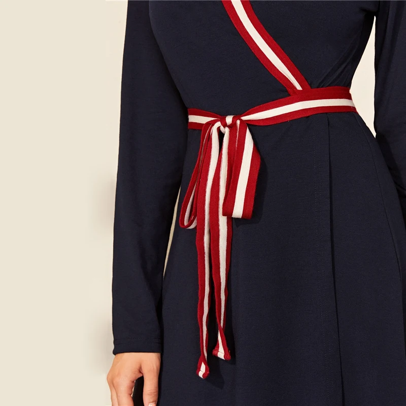 Sheinside Elegant Stripe Trim Patchwork Dress Women Autumn V Neck Wrap A Line Dresses Ladies Navy High Waist Belted Dress