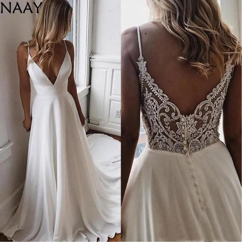 

Sexy Simple V Neck Chiffon A Line Boho Beach Wedding Dresses 2020 Applique Formal Bridal Gowns Cheap Custom Bride Dress