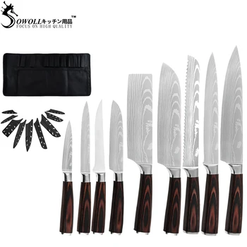 

Sowoll Knives Set with 12 Pockets Roll Bag 7CR17 Stainless Steel Kitchen Chef Knife Color Wooden Handle Sharp Blade Knife Sheath