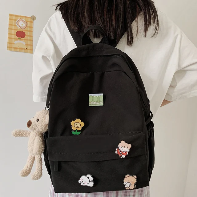 Women Nylon Cute Backpack Bear Female Student College School Bag Badge Girl Doll Backpack Kawaii Book Ladies Fashion Bags Trendy 2