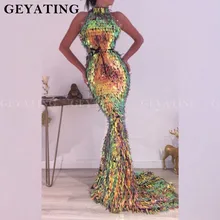 Со сверкающими блестками Русалка Выпускные платья африканская Высокая шея Черное женское вечернее платье со шлейфом вечерние платья Vestideos de festa