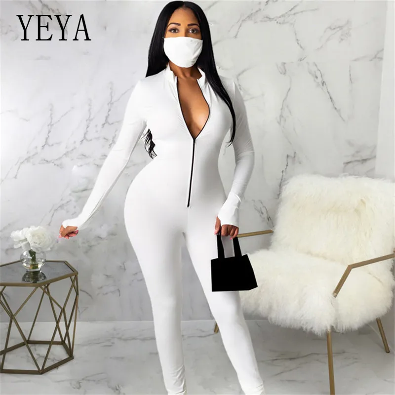 

YEYA Women Deep V Neck Long Sleeve Bodycon Jumpsuit Casual Streetwear Zipper Up Club Party Skinny Romper Solid Color Overalls
