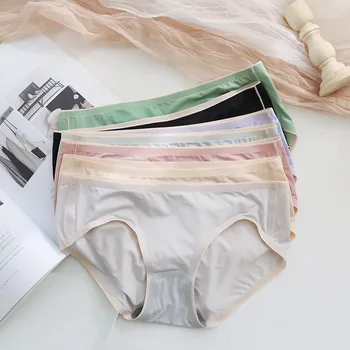 

Summer ice silk women's panties cool color middle waist antibacterial panties solid simple breathable thin female underwear