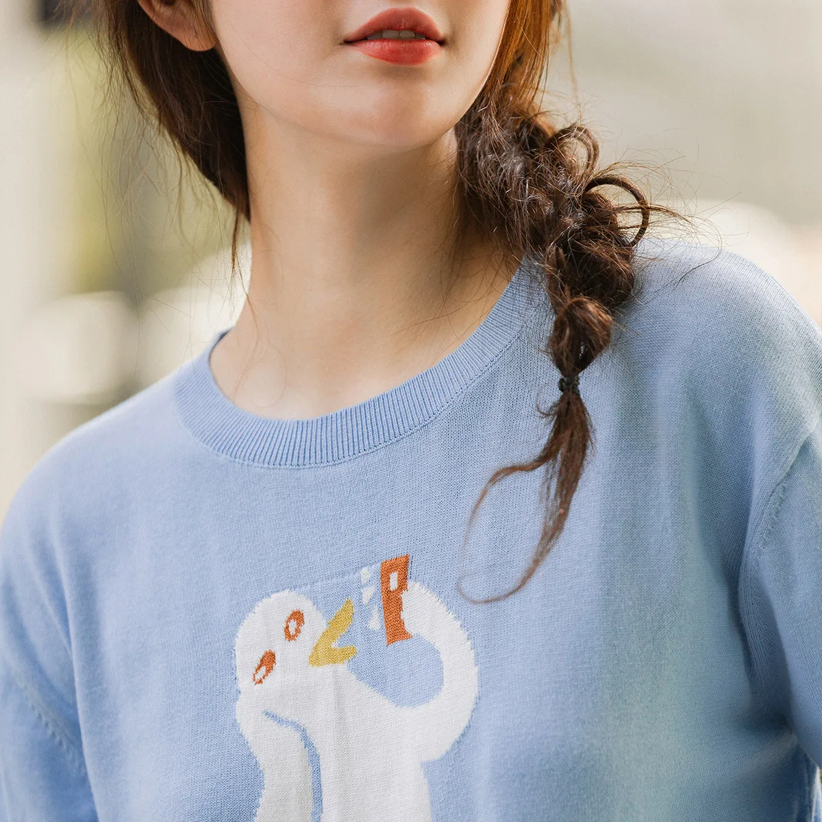 INMAN Spring New Arrival Solid Color O-Neck Off Shoulder Interesting Selfie Duck Pattern Women Pullover Sweater