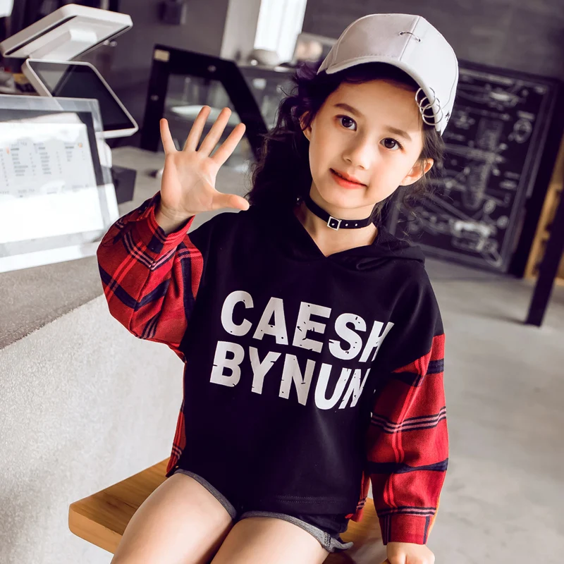 

Girls Spring Cotton Hooded Plaid T shirts Spring Girls Tees Kids Top For Girl Children Clothing 8 10 12 14Year