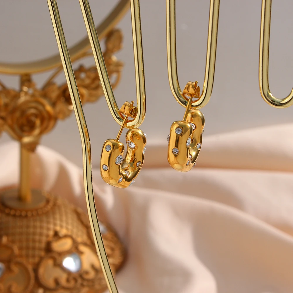 ☆ENGBROX☆ oblique cubic earring EBEA24042SV 2024 New Irregular Bold Clear CZ Stone Paved Gold Plated For