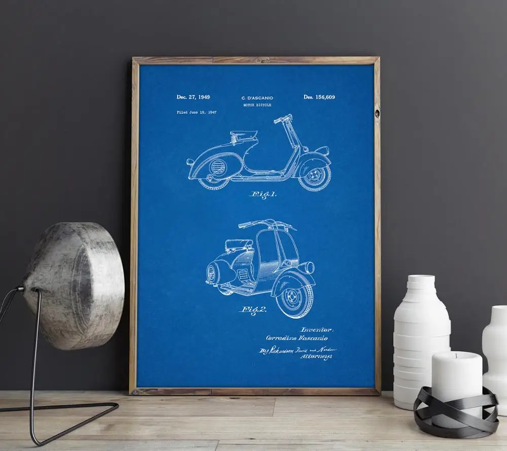 CP20622 Запатентованный мотоцикл Vespa, Модель 1949 года, произведение искусства на мотоцикле, настенное искусство, плакат, декор комнаты, принт, схема, украшения стен - Цвет: CP20622