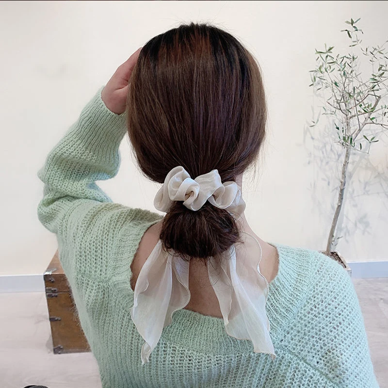 Silk Solid Color Ponytail Long Ribbon Scrunchie Girls Elastic Hair Bands Fashion Hair Accessories Vintage Cross Chiffo Headwear bride headband