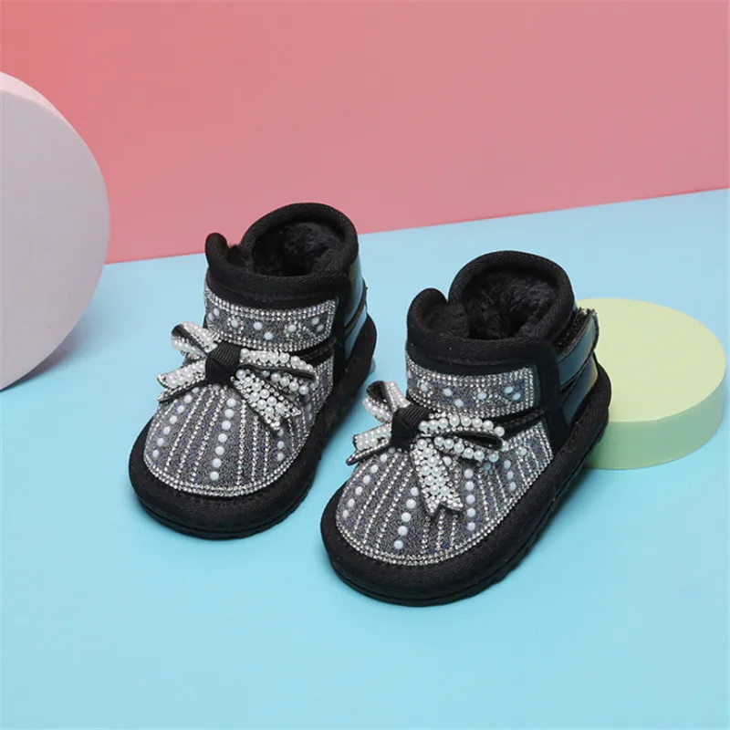 Winter Baby Snow Boots Butterfly-knot Pearl Warm Plush Grils Princess Boots Soft Sole Ankle Toddler Kids