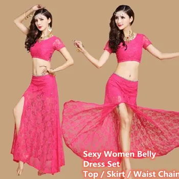 

3pcs/Set Women Maxi Belly Dance Dress Skirt Costume Sets Sexy Split Lace Girls Dress Top Skirt Indian Belly Dance Dress Skirt