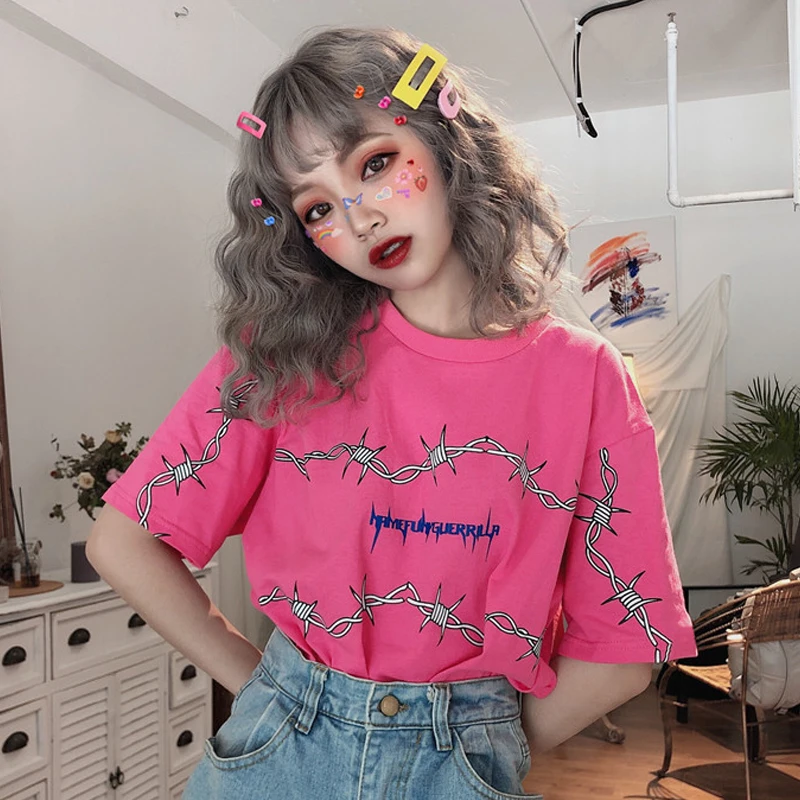 

Harajuku Women's T-Shirts Thorns Pattern Streetwear T Shirt Loose Short Sleeve Unisex Tees Couple Clothes Tumblr Tops