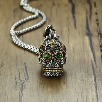 

Vnox Gothic Skull Pendants for Men Stainless Steel Skeleton Filigree Crafts Green Stone Eyes Punk Male Jewels