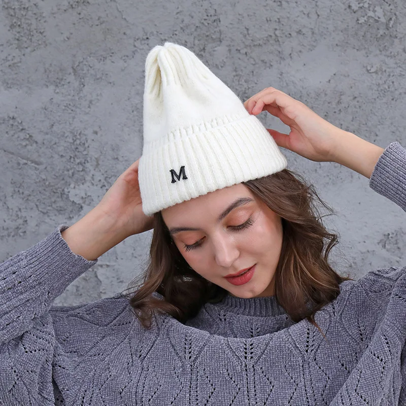 

Letter M Beanies Hat for Women Solid Woolen Thickened Winter Women's Knit Cap Warm Hat Soft Casual Cap Bonnet Hat