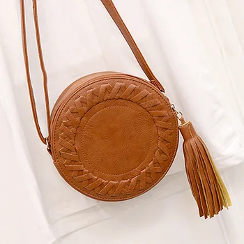 

Tassel Round Shape Shoulder Bag Women Cross Body PU leather Adjustable Strap Mini Messenger Handbag