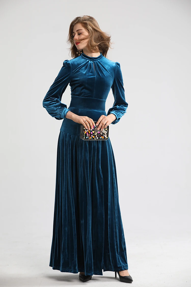 AELESEEN New Design High Quality Velvet Pleated Long Dresses Women European High Class Luxury Party Solid Maxi Dress