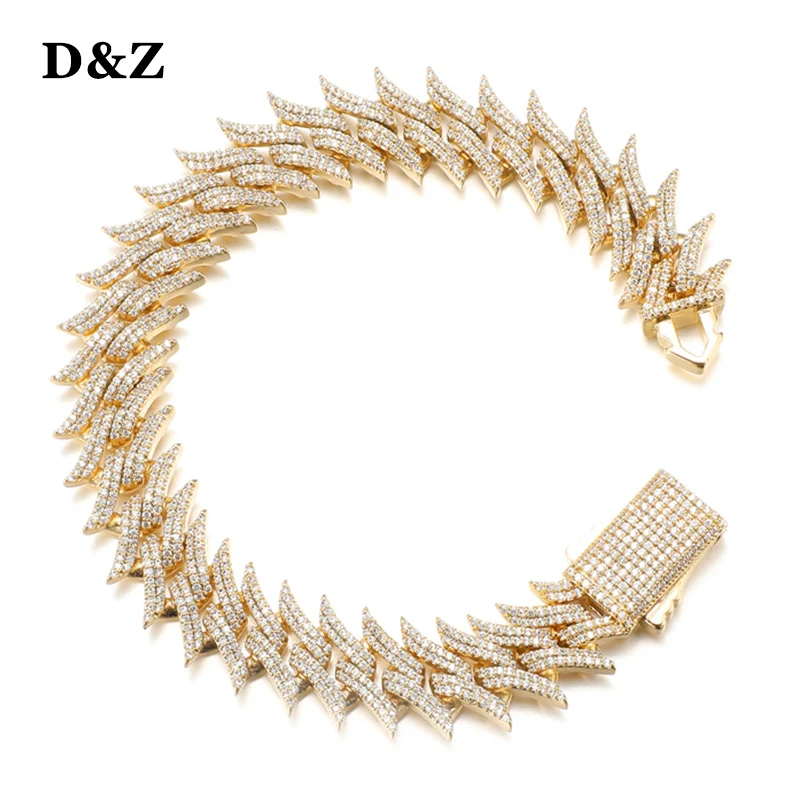 

D&Z 15mm Thorn Prong Cuban Link Bracelet Spring Buckle Iced Out Cubic Zircon Stones With Solid Back For Men Hip Hop Jewelry