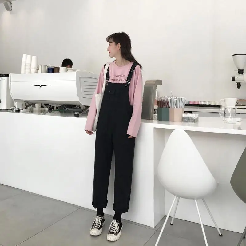 Женские комбинезоны из денима, повседневные, прямые, длина до лодыжки, квадратный вырез, для студентов, Новое поступление, свободные, для женщин, корейский стиль, с карманами, модные