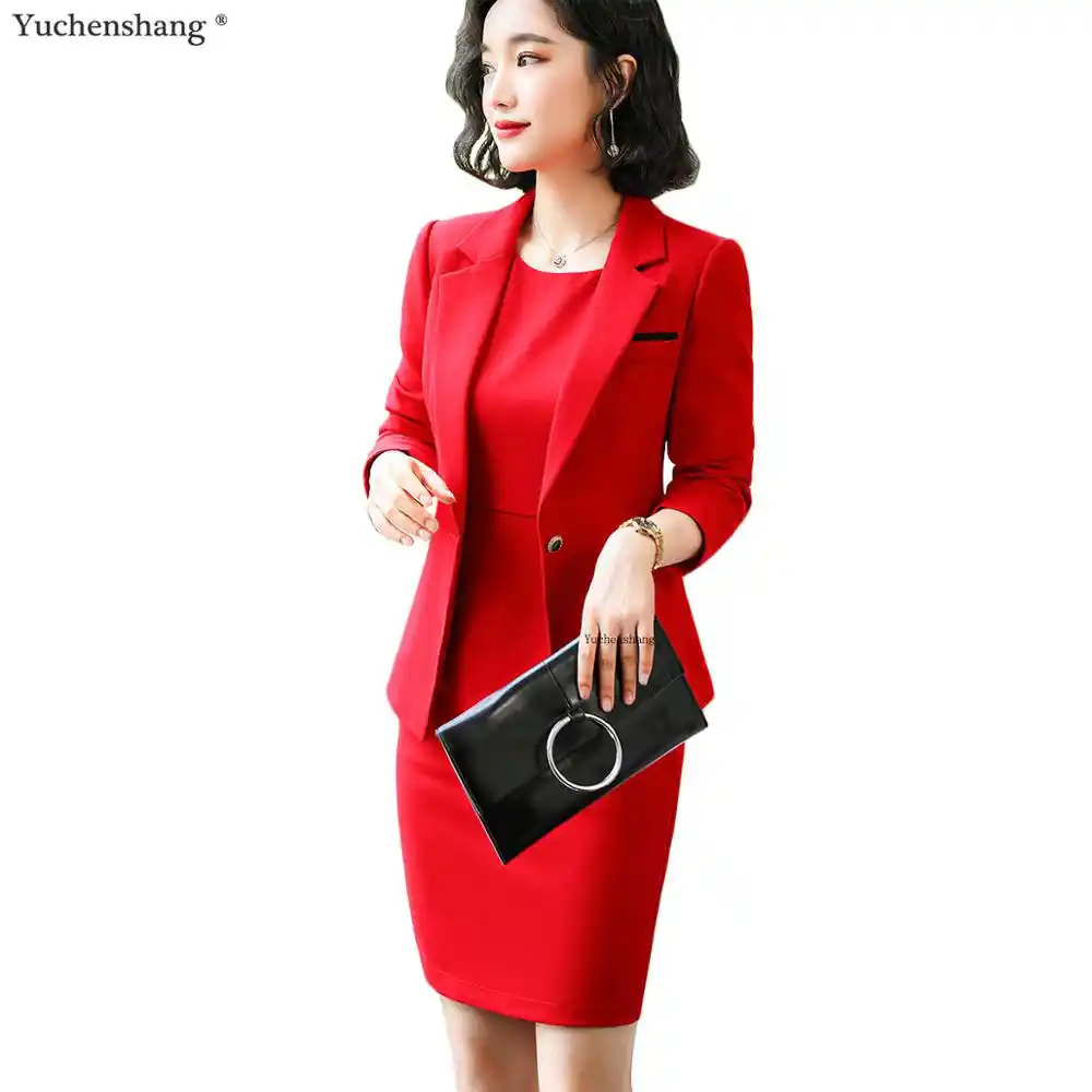 ladies red skirt suit