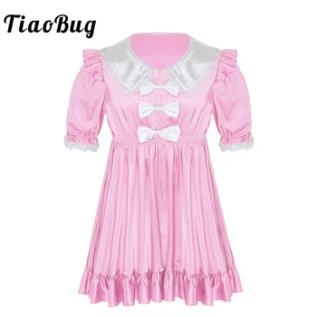 

Men Crossdressing Soft Smooth Satin Puff Sleeve Bowknots Lace Ruffled Male Sissy Dress Babydoll Adult Cross Dresser Sexy Costume