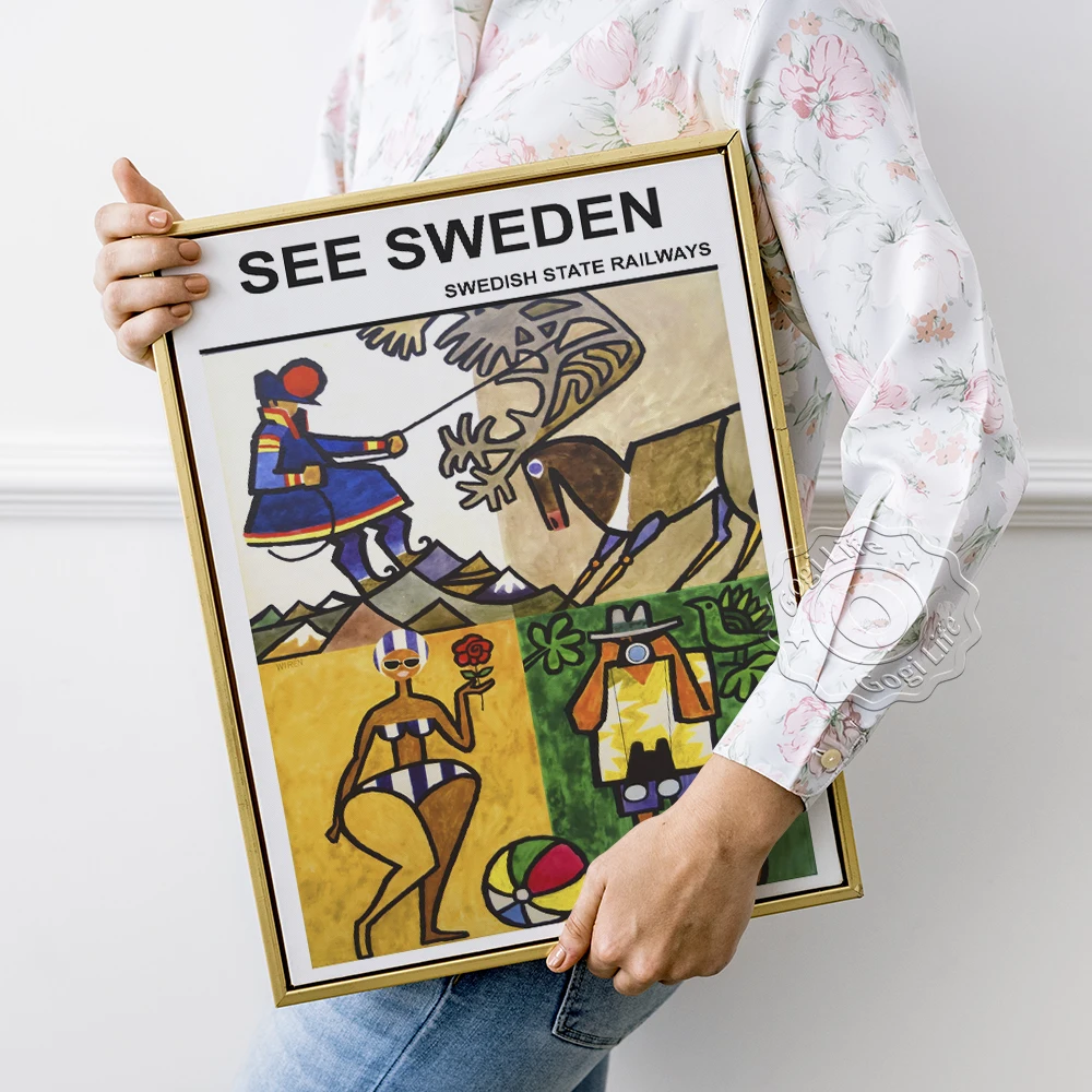 

Swedish State Railways Propaganda Retro Poster, Sweden Travel Cultural Features Canvas Painting, Vintage Art Prints Home Decor