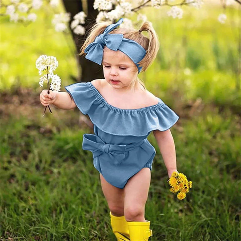 

(3M-24M) Baby Sword Shoulder Solid Color Bow Ruffle Denim Romper Jumpsuit + Hairband Suit Hot Sale Fashion Summer Off S4