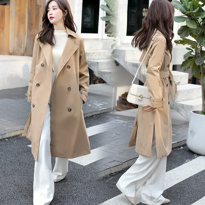 

2019 Autumn And Winter New Style South Korea Ladies' Loose-Fit Short-height Popular Long Double Breasted Trench Coat