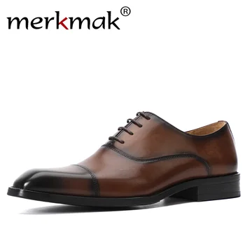 

Merkmak Genuine Leather Men Dress Shoes New Autumn Business Formal Oxfords British Style Male Formal Shoe Party Wedding Footwear