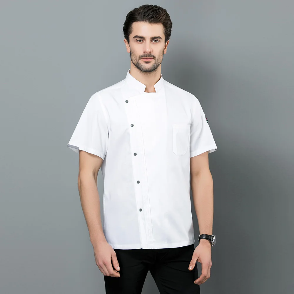 sanxiaxin White black Food Service Chef Jacket Short sleeved restaurant uniforms high quality hotel Kitchen work clothes men