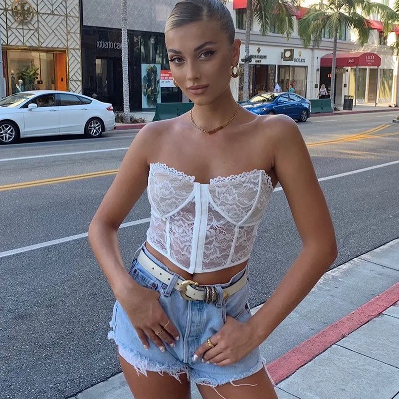 Black White Lace Corset Crop Tops Women Summer Party See Through Sexy  Bustier Sleeveless Front Hook Women Crop Tops
