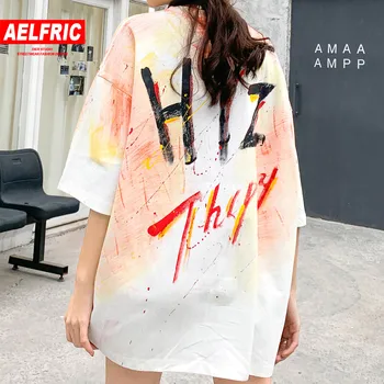 

Aelfric Tshirt Women Letter Graffiti Color Block T Shirt Casual Cotton Tops 2020 Loose Hip Hop Streetwear Half Sleeve Streetwear