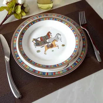 

Porcelain Gold Inlay Dessert Plate Steak Salad Snack Cake Plates Tableware Horse Ceramic Dinner Set