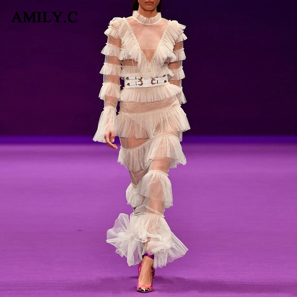

Amily.c 2019 Autumn New Women's Sexy Sheer Tulle Long Sleeve White Layered Ruffled Long Dress Elegant Celebrity Party